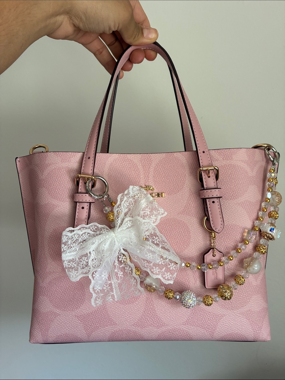 White Lacey Bow Charm Beaded Bag Chain